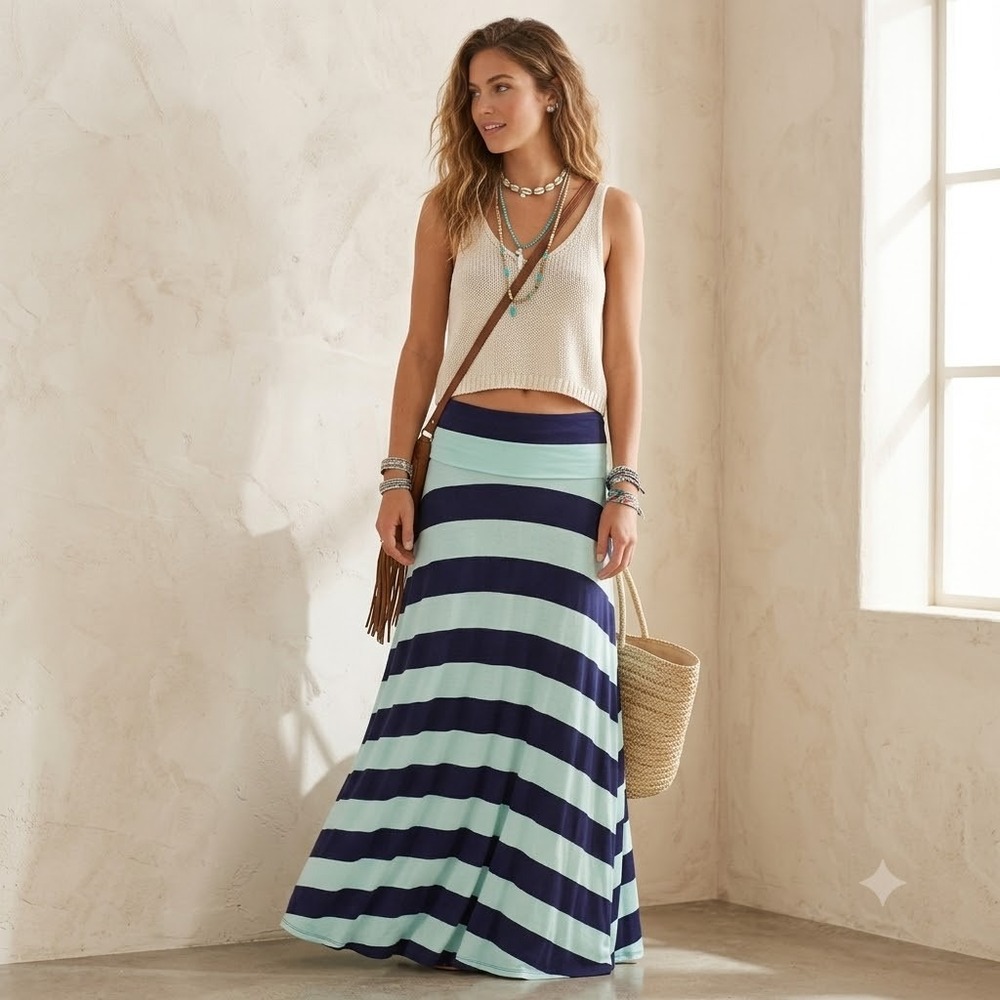 Gap Maxi Skirt Womens Navy Blue Teal Striped Foldover Waist Size M